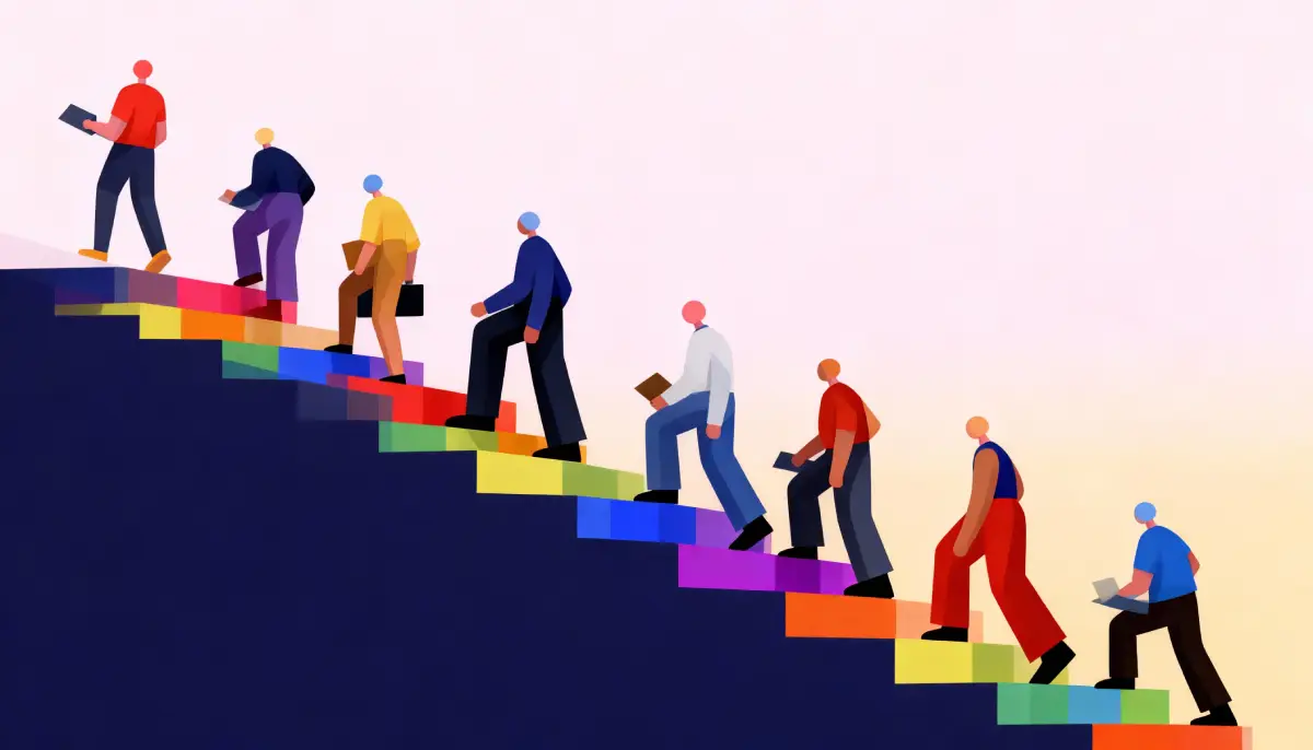 Persoas diversas escalando xuntas